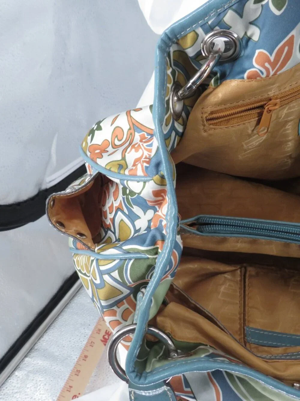 Vintage Kathy Van Zeeland Y2K Floral Hobo Satchel Bag Rhinestone Crown Logo Teal